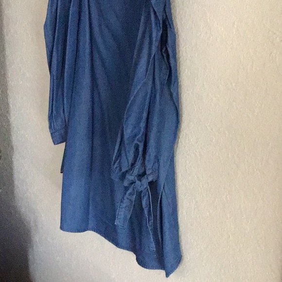 Soft blue cotton cold shoulder top with sleeve gathering and tie detailing - Picture 2 of 7